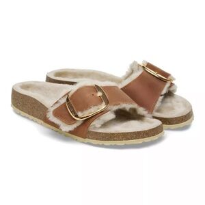Birkenstock Madrid Big Buckle Shearling Slides Size 8.5